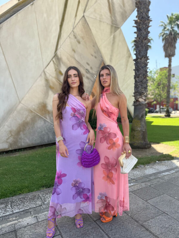 Vestido estampado floral tul elástico tonos vibrantes