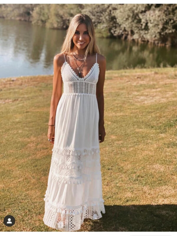 Vestido Blanco Boho Con Cintura Elástica