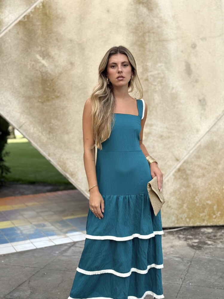 Vestido Azul Tipo Lino con Flecos