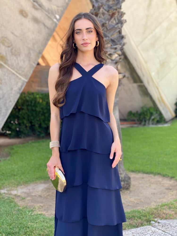Vestido Azul Fluido Con Volantes