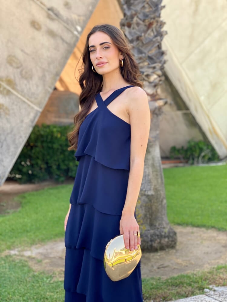 Vestido Azul Fluido Con Cuello En V