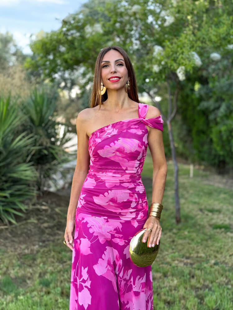 Vestido Largo Floral Buganvilla Con Corte Asimétrico