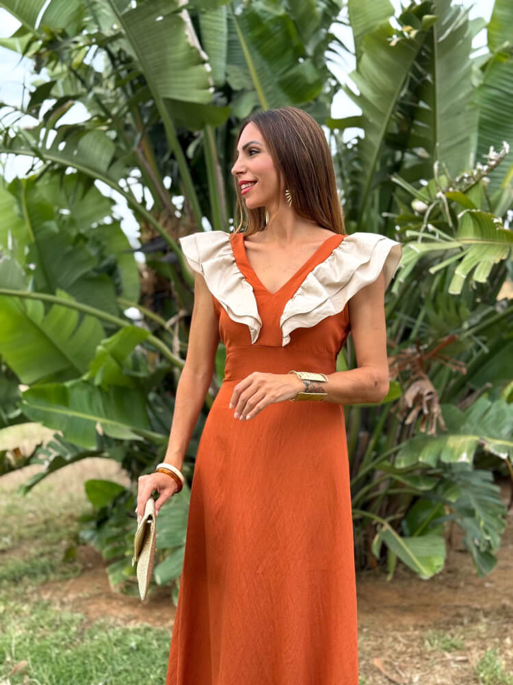 Vestido Largo Teja Sin Mangas Y Escote En V