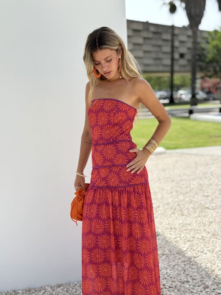 Vestido Largo Naranja Sin Mangas Estampado Floral