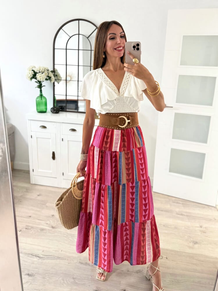 Falda Larga Rosa Con Estampado