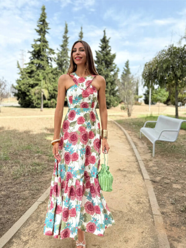 Vestido Beige Efecto Lino Falda Fluida