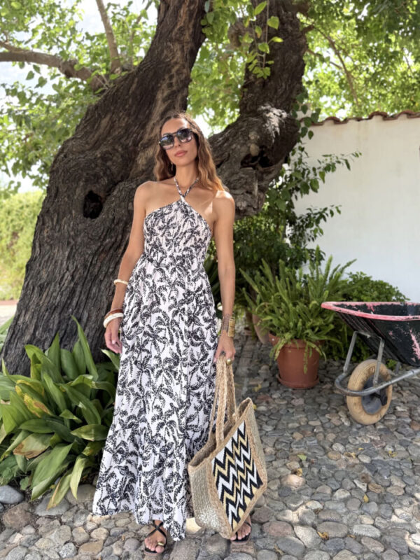 Vestido Largo Hojas Con Escote Halter