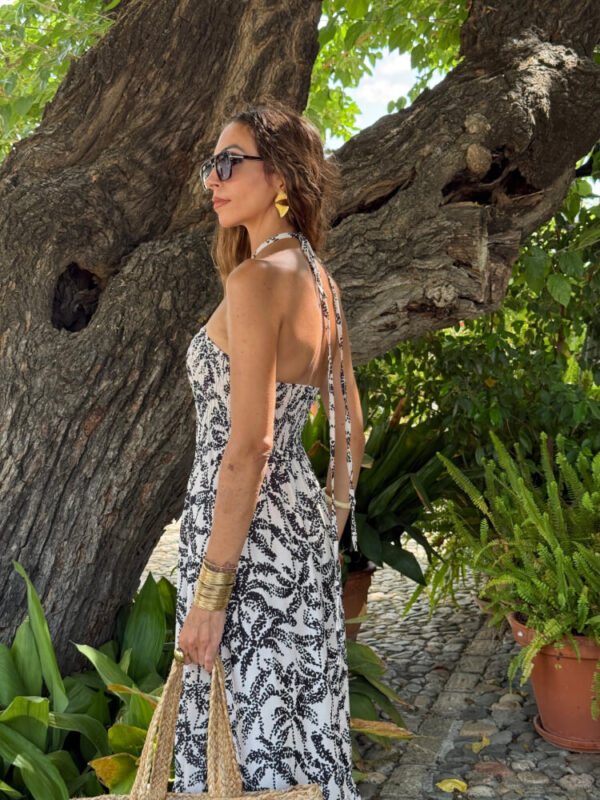 Vestido Estampado Hojas Blanco Y Negro