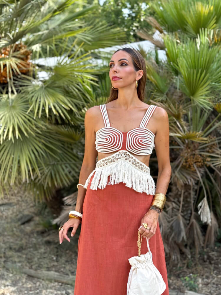 Vestido Algodón Beige Con Cintura Ajustada
