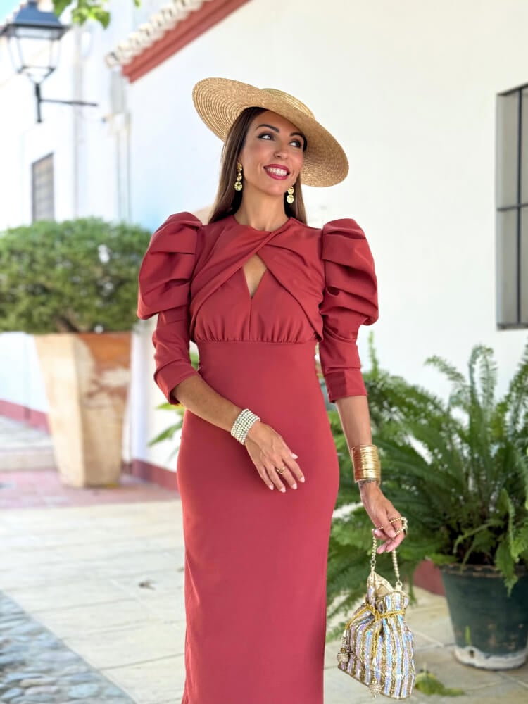 Vestido Teja Con Manga Abullonada