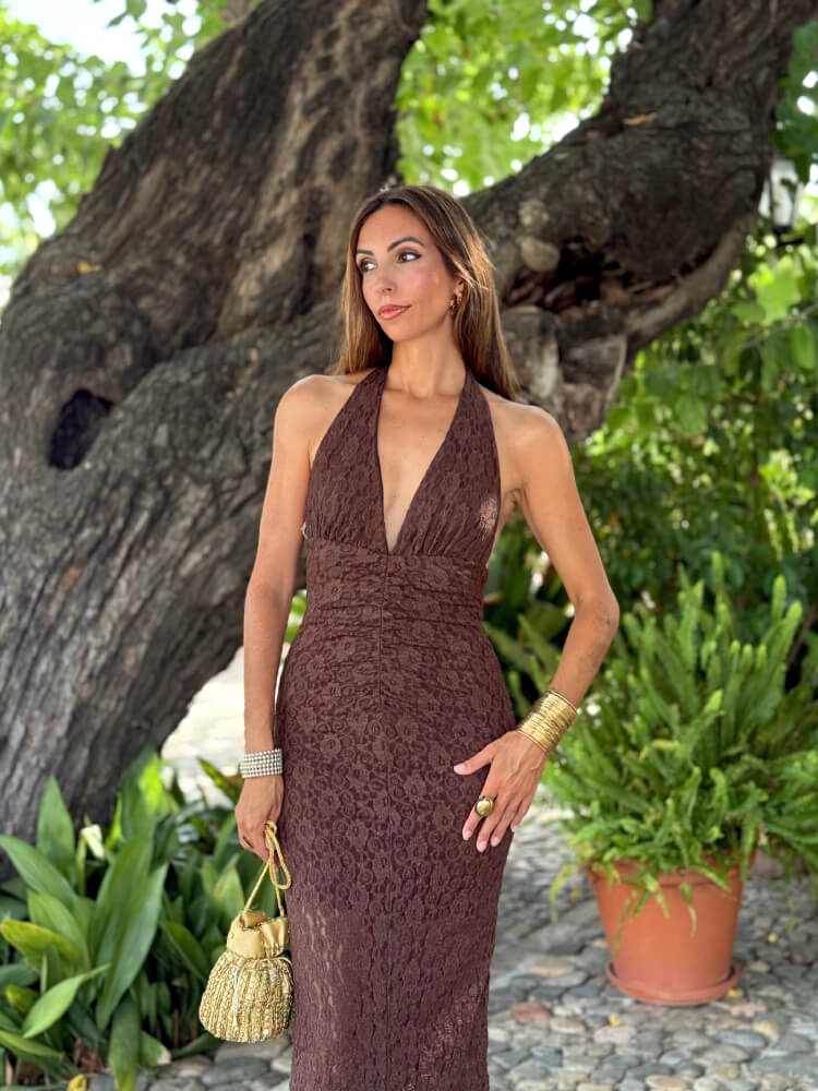 Vestido Marrón De Encaje Elástico