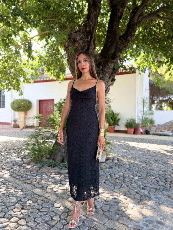 Vestido Negro Encaje Elástico Elegante