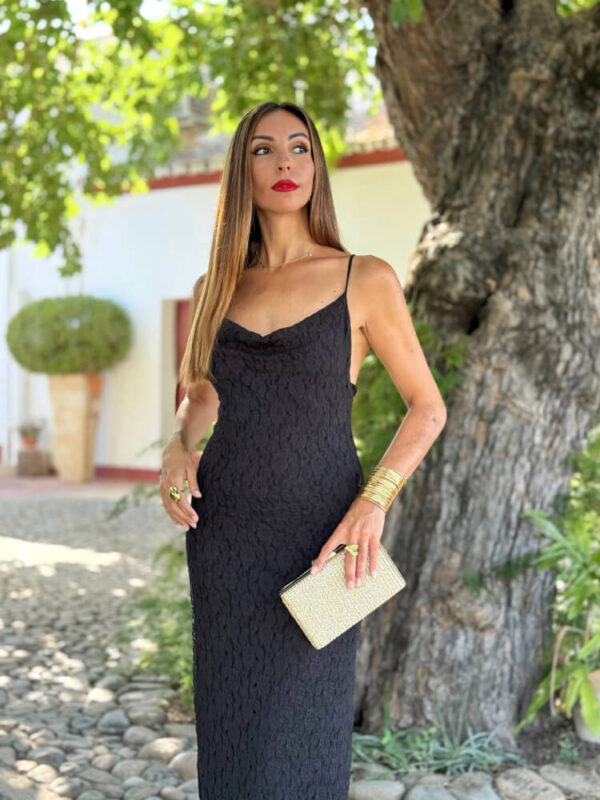 Vestido Negro Encaje Elástico Fiesta