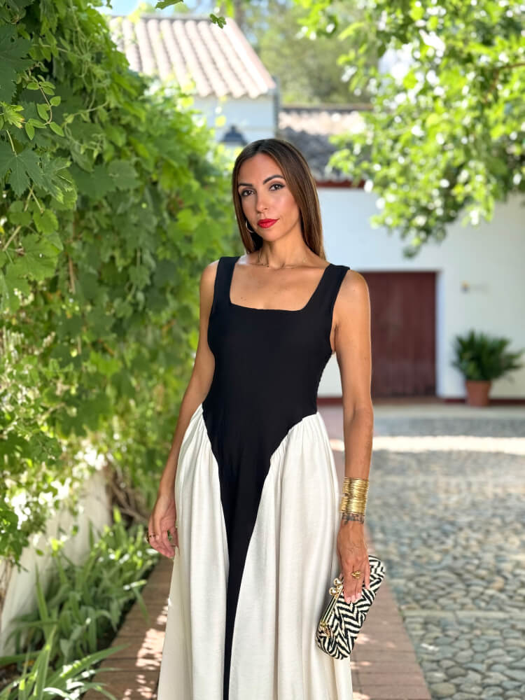 Vestido Largo Crudo Y Negro Espalda Elástica
