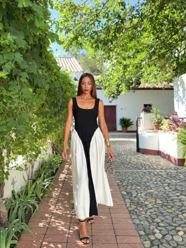 Vestido Largo Crudo Y Negro Elegante