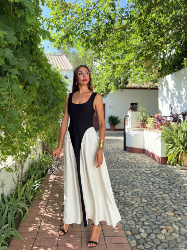 Vestido Largo Crudo Y Negro Estilo Fiesta