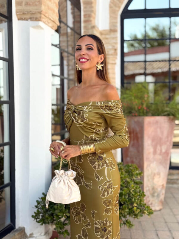 Vestido Largo Verde Oliva Off Shoulder