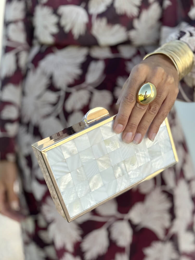 Bolso Rígido Nácar Y Metal Dorado