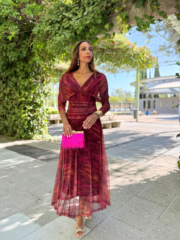 Vestido Rojo Midi Con Manga Drapeada Elegante
