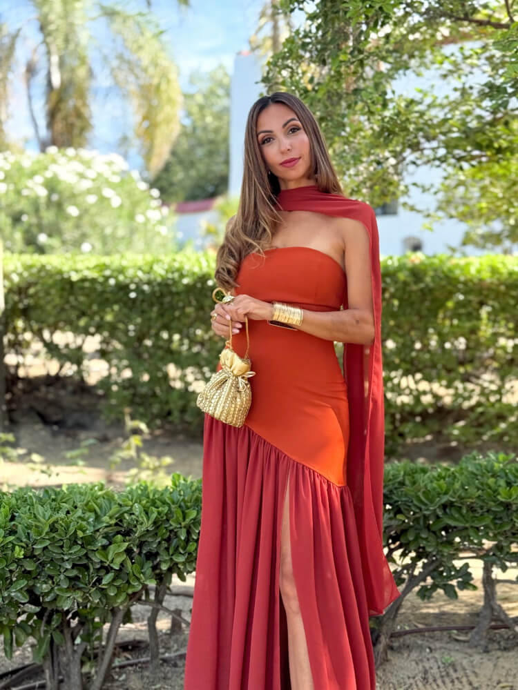 Vestido Largo Teja Con Chal Elegante