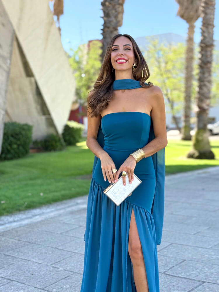 Vestido Azul Petróleo Largo Con Chal