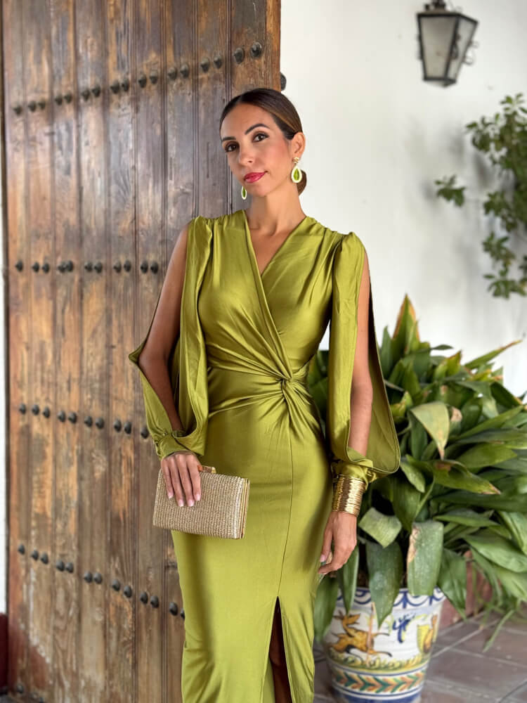 Vestido Verde Oliva Elegante Con Nudo Lateral