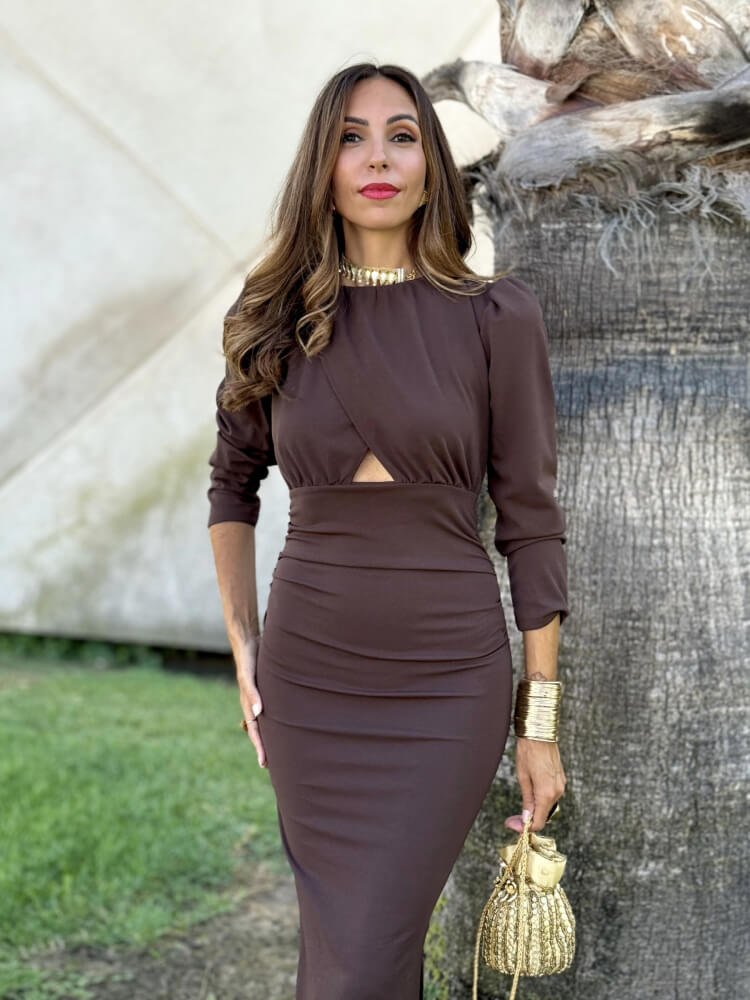 Vestido Marrón Creppe Con Cremallera Trasera