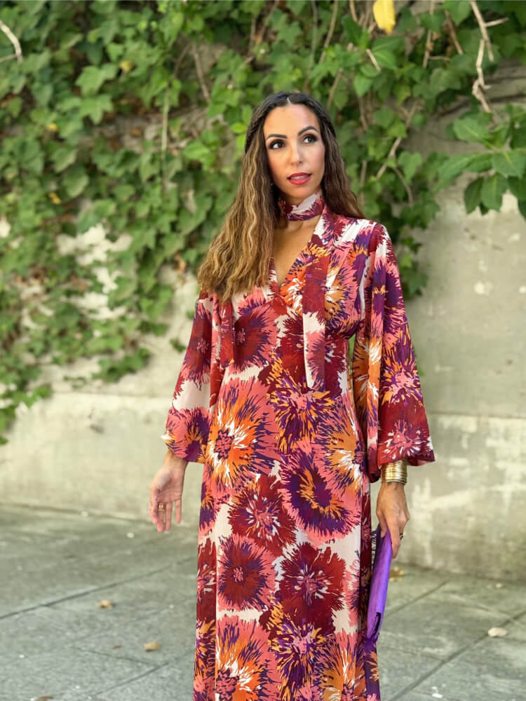 Vestido Naranja Burdeos Con Mini Chal Elegante