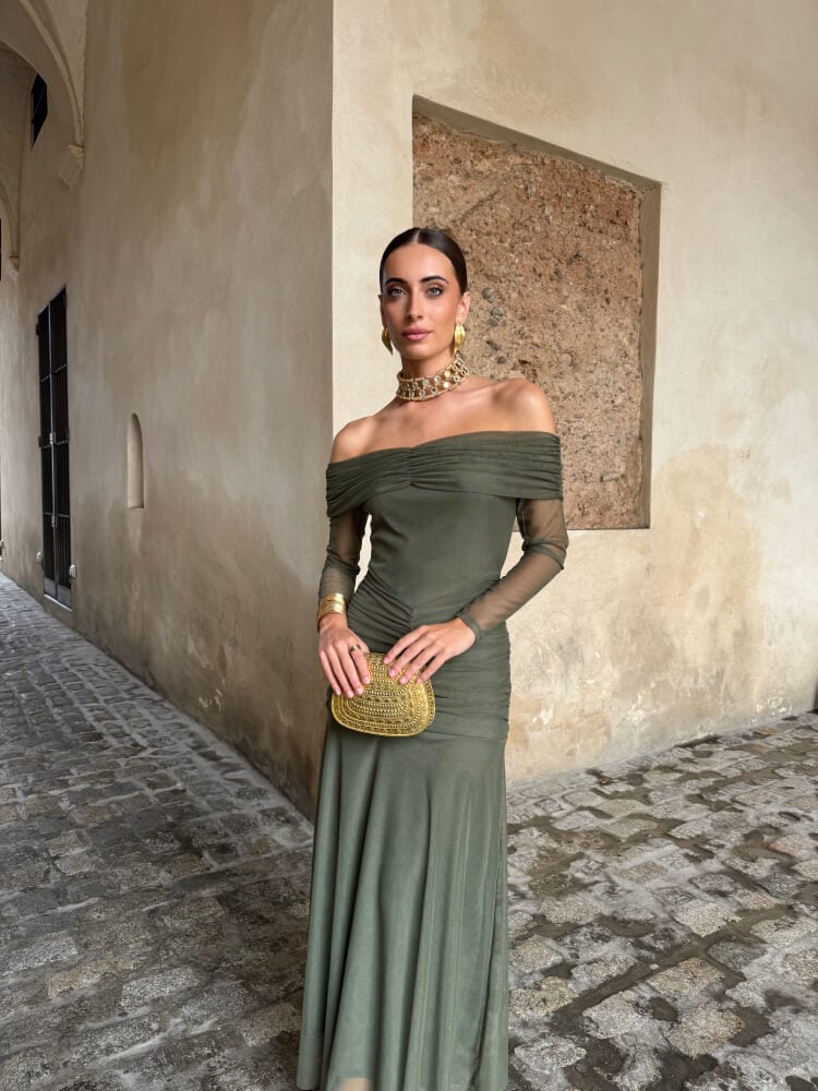 Vestido Verde Con Cintura Drapeada