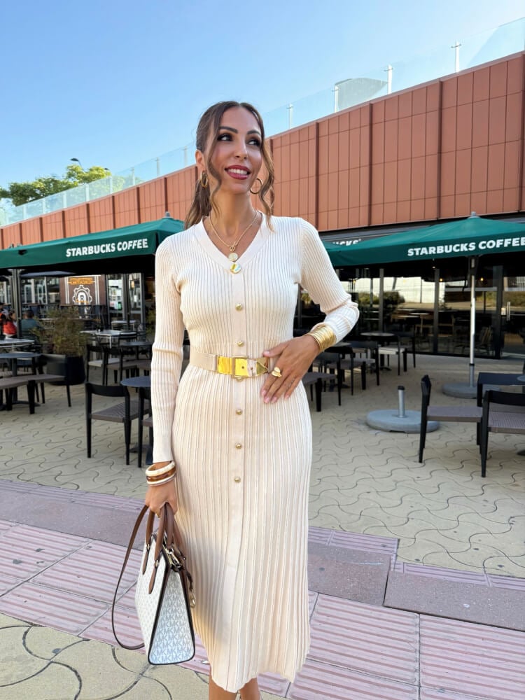 Vestido punto beige cinturón
