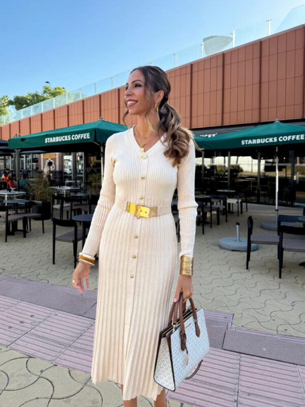 Vestido punto beige cinturón - Imagen 2