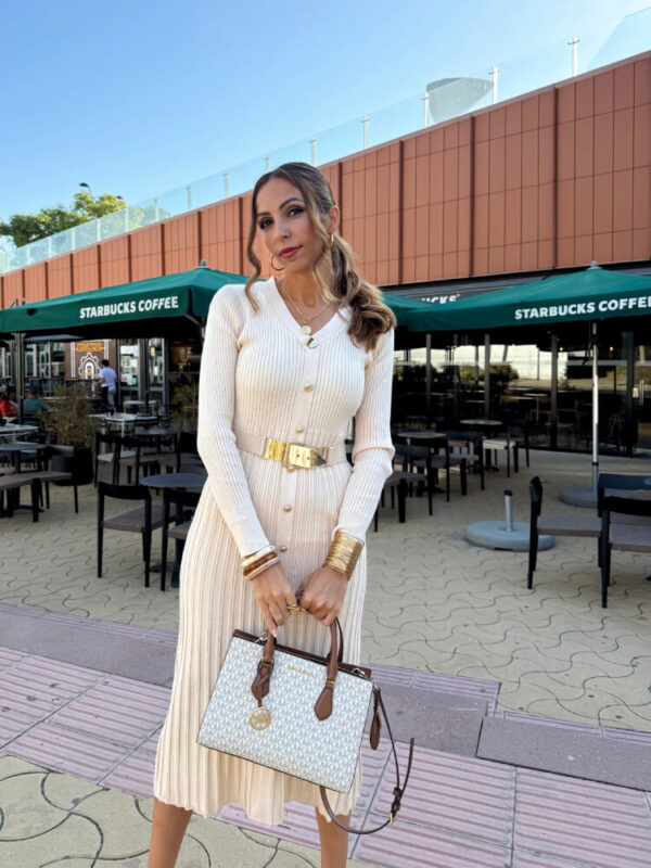 Vestido punto beige cinturón - Imagen 5