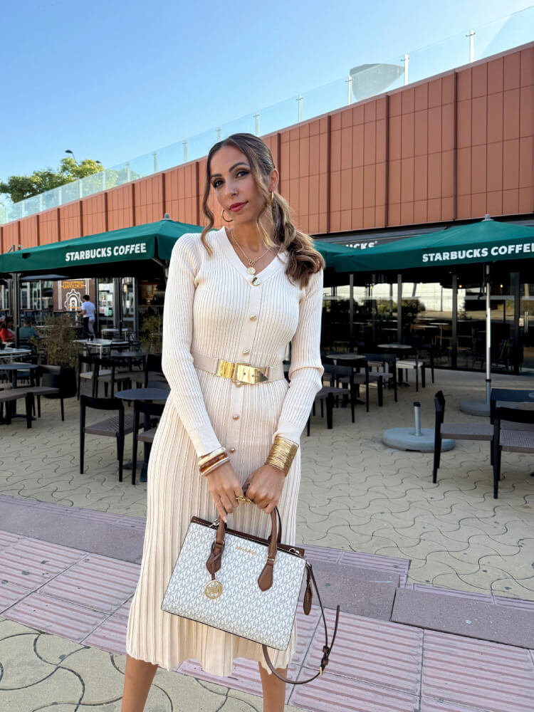Vestido punto beige cinturón - Imagen 5