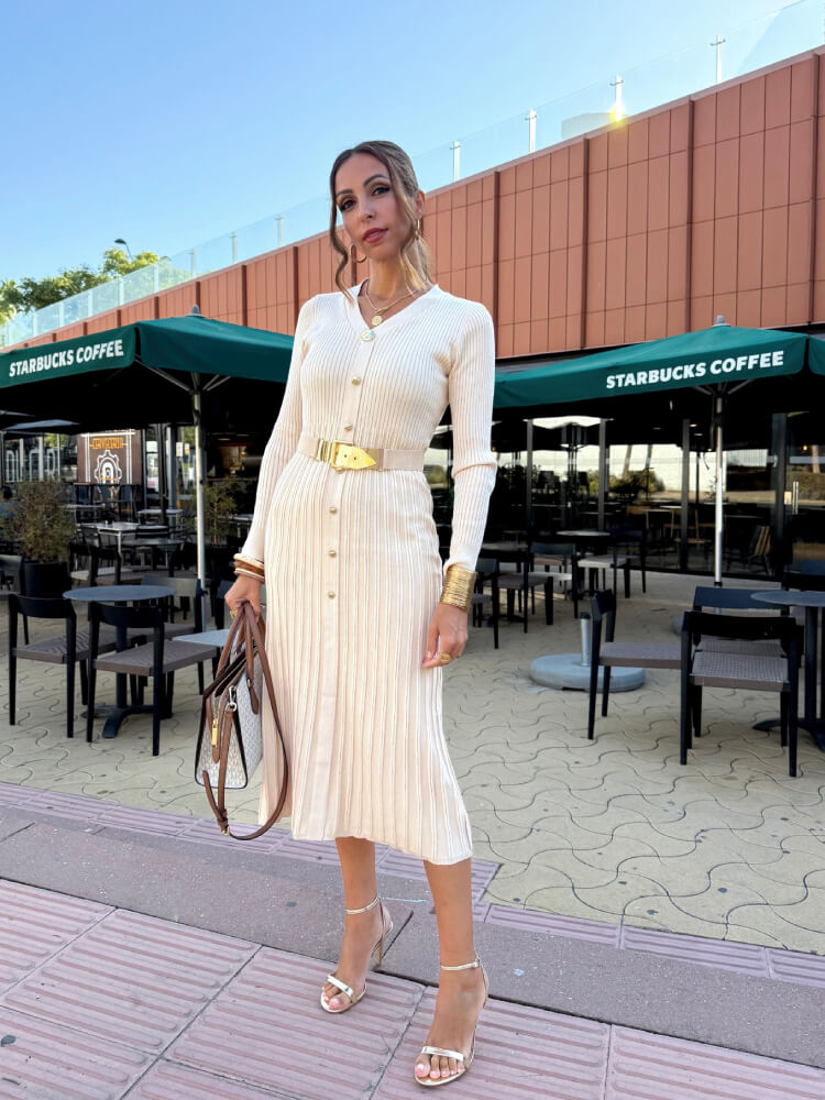 Vestido punto beige cinturón - Imagen 6