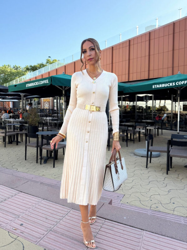 Vestido punto beige cinturón - Imagen 7