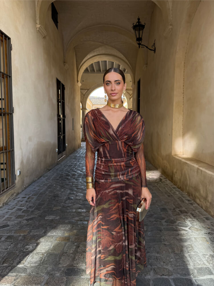 Vestido Largo Estampado En Tonos Tierra
