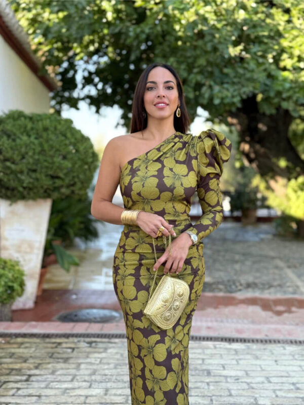 Vestido una manga flores verde - Imagen 2