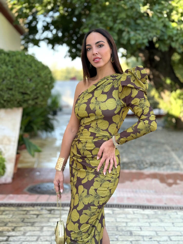 Vestido una manga flores verde