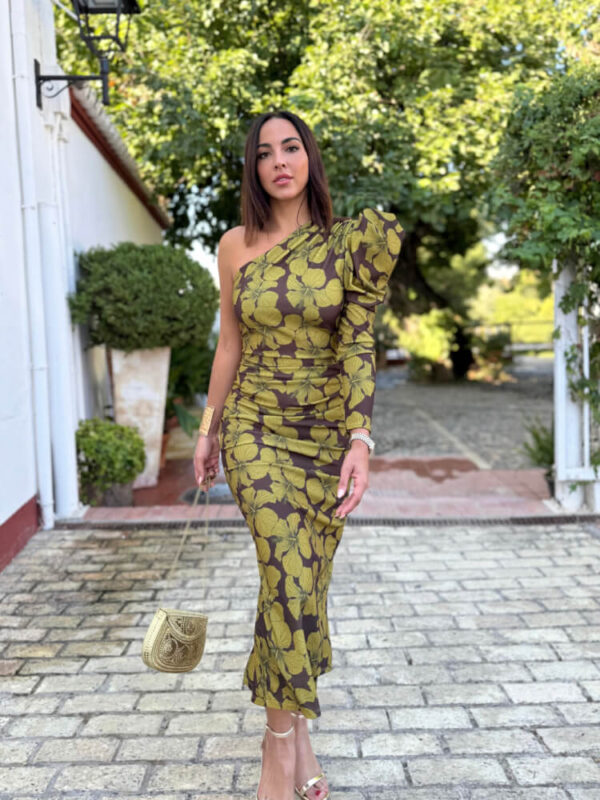 Vestido una manga flores verde - Imagen 3