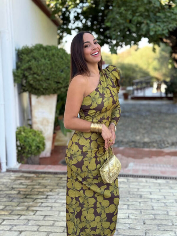 Vestido una manga flores verde - Imagen 4