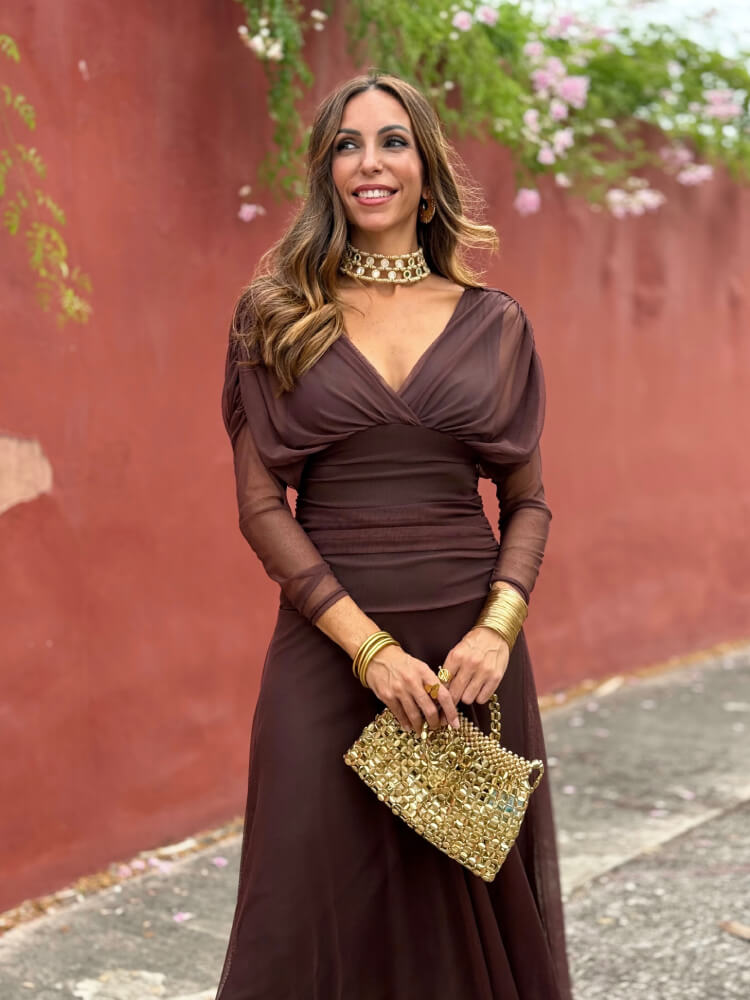 Vestido Tul Con Manga Drapeada