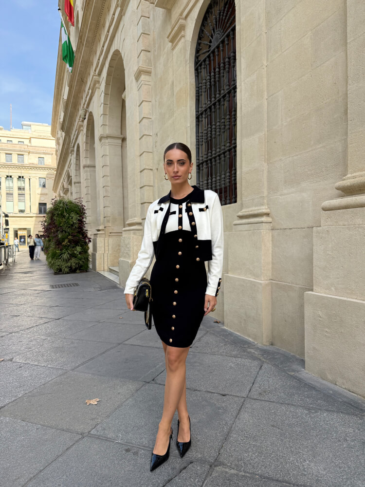 Conjunto de vestido y rebeca en blanco y negro