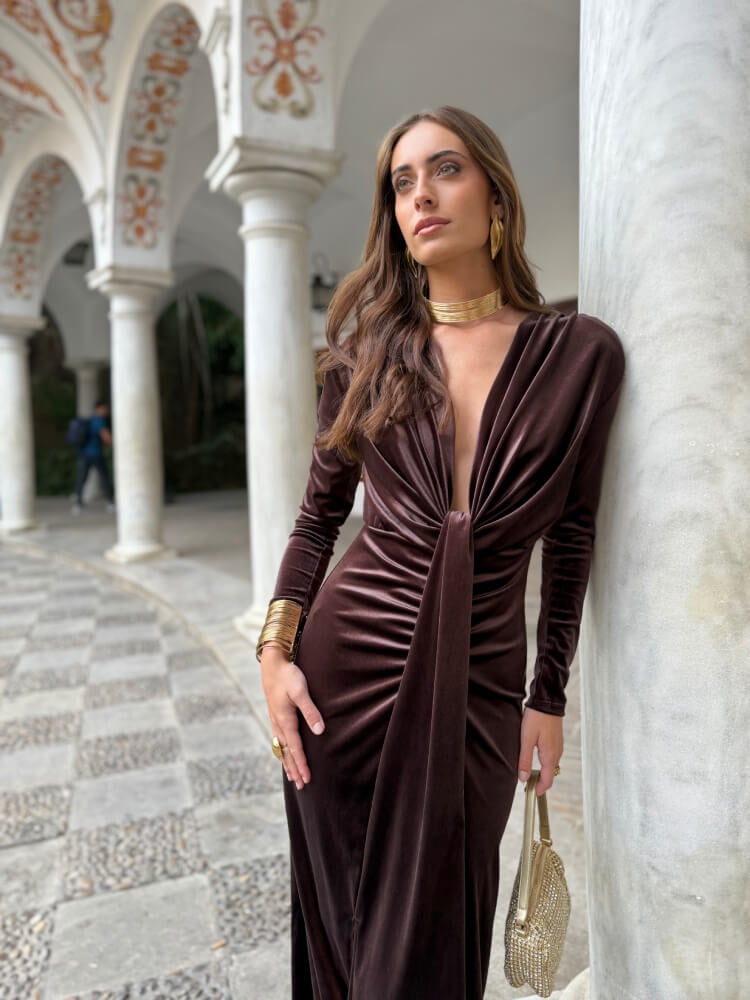 Vestido Marrón Largo De Terciopelo