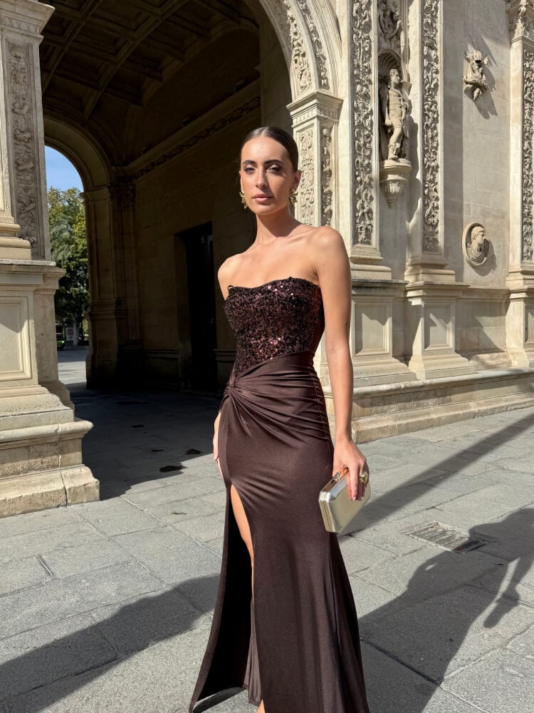 Vestido Marrón Lentejuelas Elegante