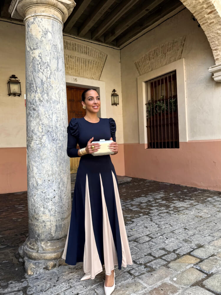 Vestido Largo Licra Fría Falda Beige