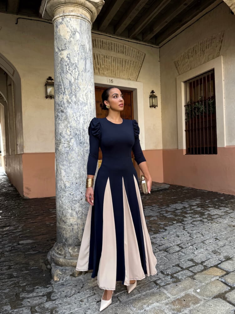 Vestido Beige Azul Falda Con Vuelo