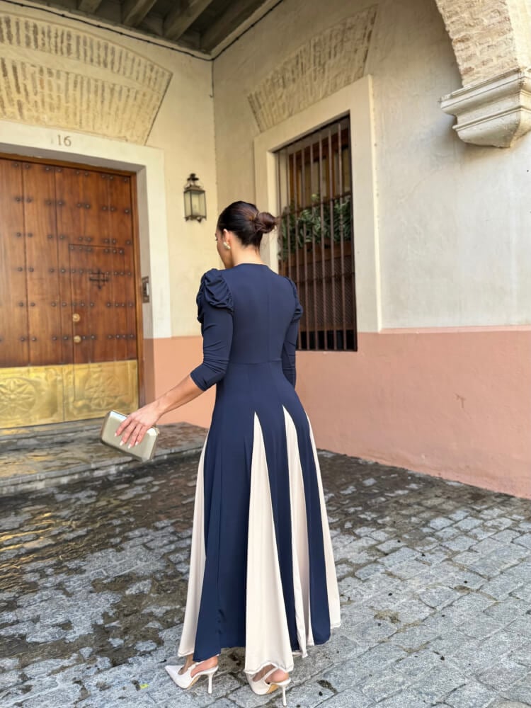 Vestido Beige Azul Contraste Sofisticado