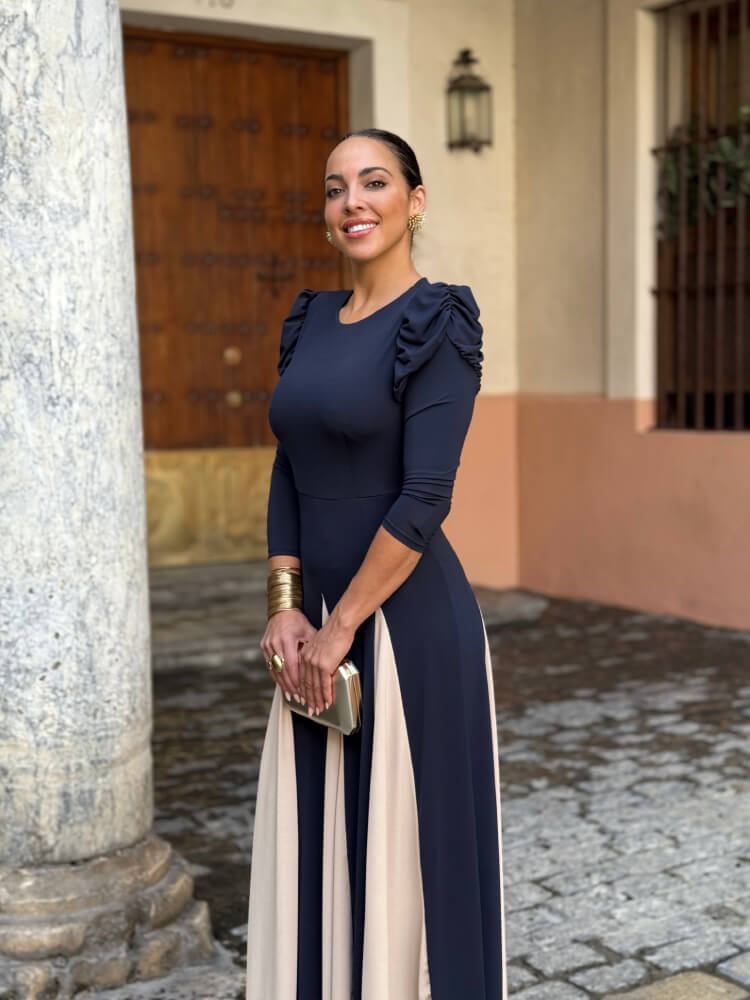 Vestido Beige Azul Espalda Cerrada