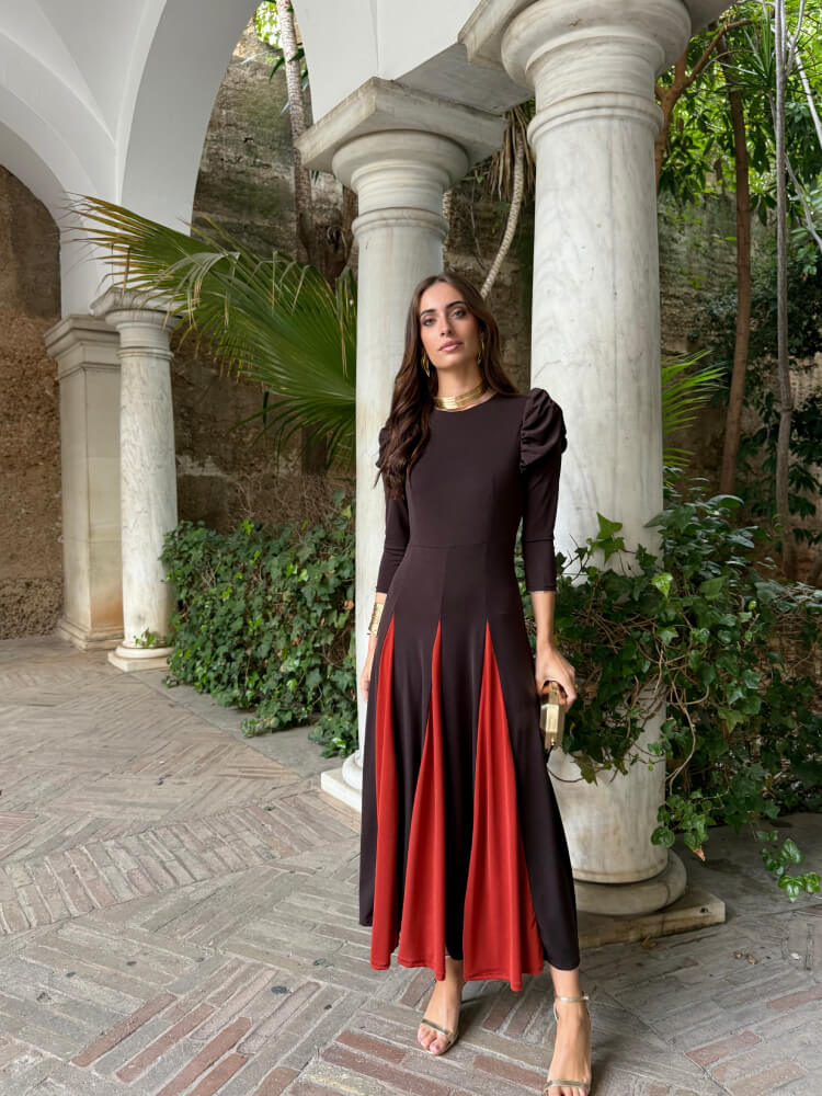 Vestido Largo Licra Fría Marrón Teja
