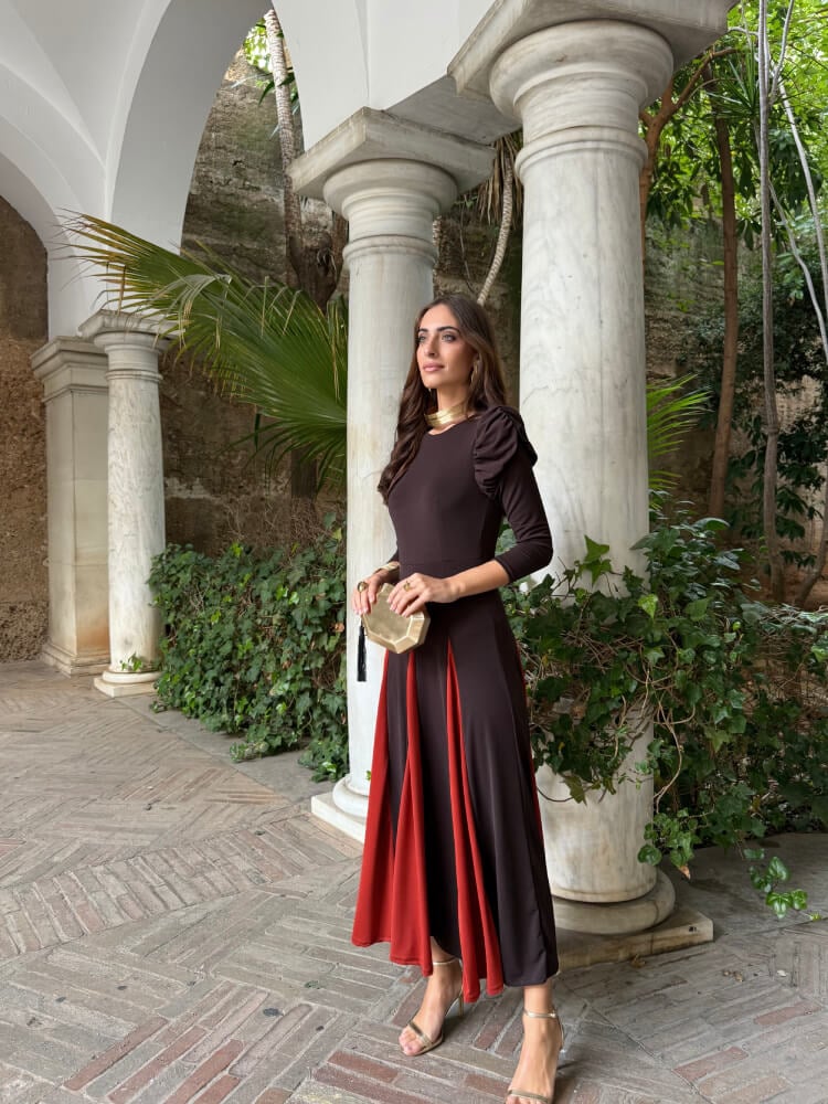 Vestido Marrón Teja Manga Larga Drapeada